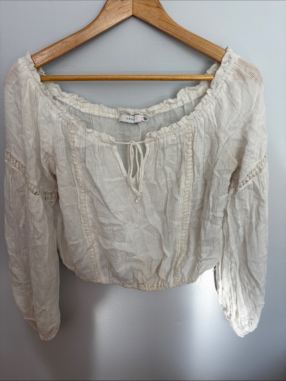 Lush Cream Boho Peasant Blouse with Tie Neck